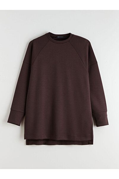 LC Waikiki LCW Modest Kahverengi Bisiklet Yaka Oversize Kadın Sweatshirt Tunik W5KR13Z8