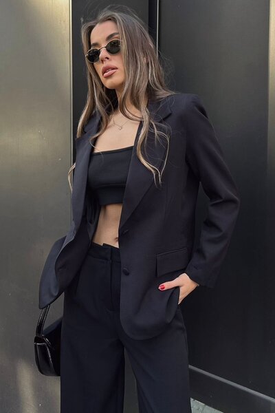 VAGGON Women's Black Button Closure Shoulder Pad Pocket Look Lined Blazer Jacket Vs01305