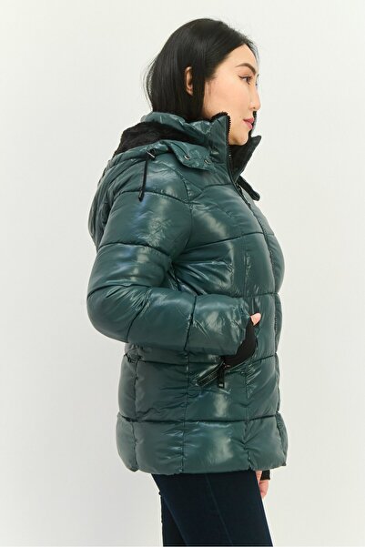 Steve Madden Women Hooded Brand Logo Puffer Jacket, Green