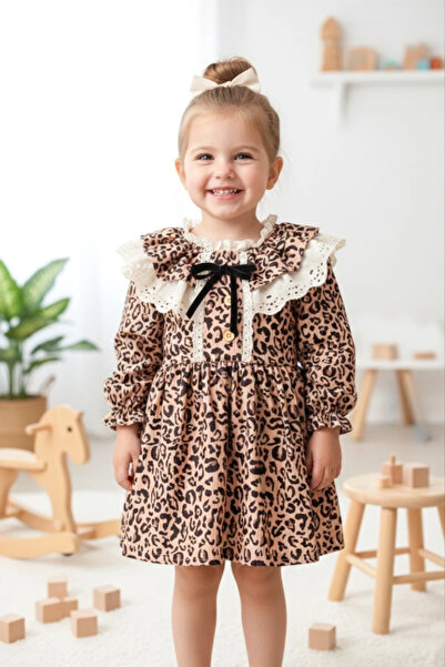 aysskids Rochie pentru fetiță DİVA cu mâneci lungi și detaliu cu guler din dantelă leopard