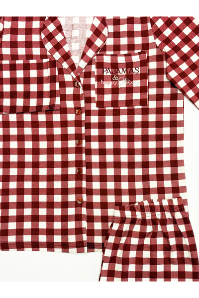 Siyah İnci Burgundy Plaid Patterned Knitted Pocket Detailed Buttoned Cotton Pajama Set7611