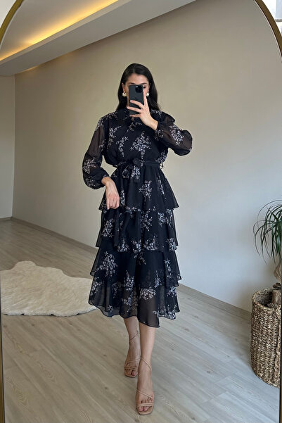 Neşeli Butik γυναικείο φόρεμα σιφόν με φλοράλ στάμπα με κυματιστό σχέδιο NM014