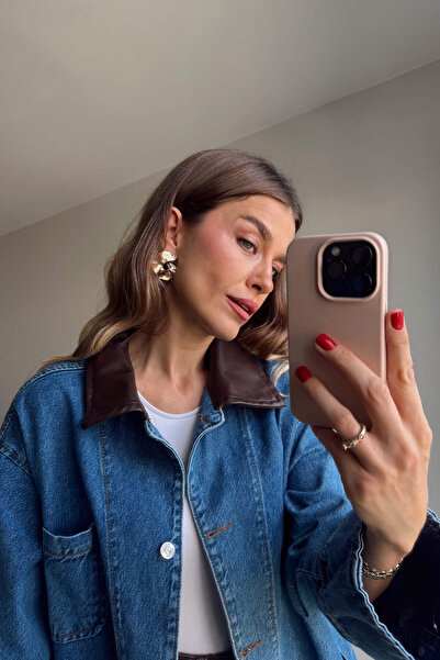 Sue Store Μπλε δερμάτινο τζιν μπουφάν με γιακά