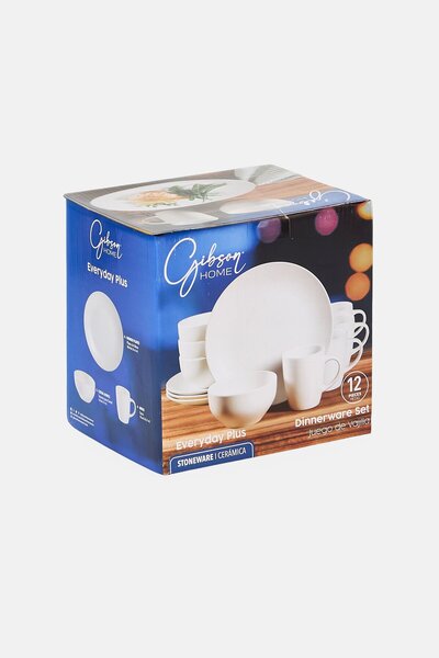 Gibson Home 12 Pieces Everyday Plus Stoneware Dinner Set, White