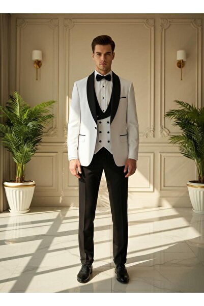 Salihtarzz Damatlık İtalyan Kesim Slim Fit Yelekli Beyaz SD42216