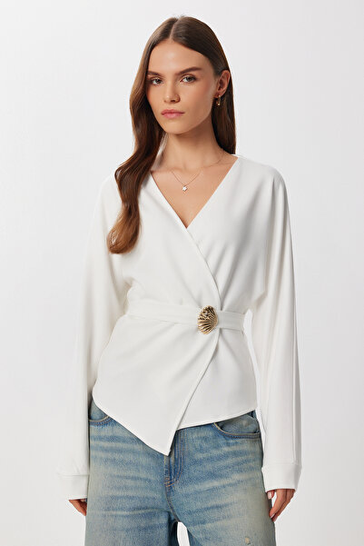Lovelyİstanbul Double-Breasted Collar Belted Knitted Blouse Lfw0014 Ekru