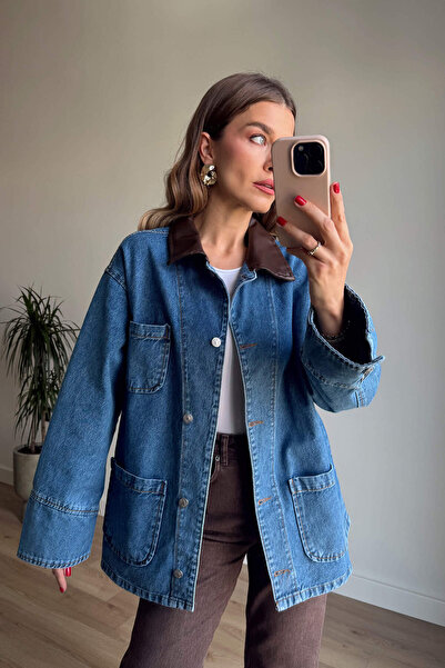 Sue Store Μπλε δερμάτινο τζιν μπουφάν με γιακά