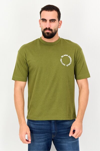 BLANK ESSENTIALS Men Crew Neck Short Sleeve Graphic Print T-Shirt, Olive