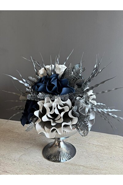 Luvienn Yapay Çiçekli Gümüş Yuvarlak Ayaklı Vazo Aranjmanı-Masa Çiçeği