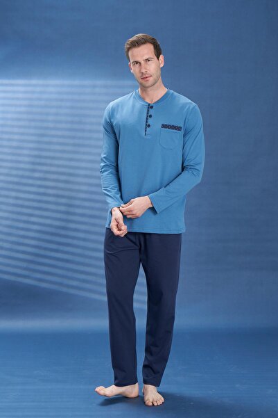 Owersleep طقم بيجامة رجالي من القطن الممشط بفتحة أمامية للشباب |   بنزين 2129