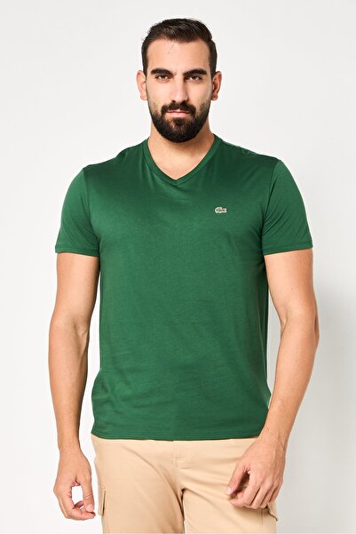 Lacoste Men V Neck Short Sleeve Brand Logo T-Shirt, Green