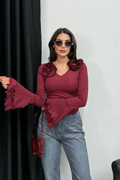 oshebu Bluză spaniolă cu mâneci cu detaliu trandafir pentru femei