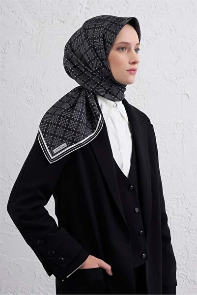 Armine Tivil Saf İpek Eşarp 9440 - 20 Siyah Puantiye Desen