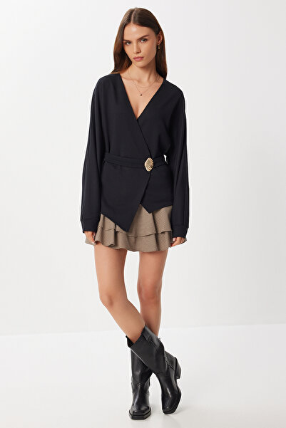 Lovelyİstanbul Double-Breasted Collar Belted Knitted Blouse Lfw0014 Black