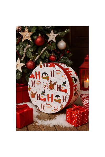 OEM Christmas Gift Box, Round, Red Interior, 'Ho, ho, ho' Design, 22.5 x 13 cm, White/Red