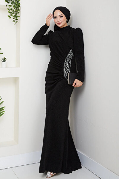 SEMRA AYDIN فستان سهرة إسلامي مرن ومريح من القماش مع تفاصيل حجرية SMM001