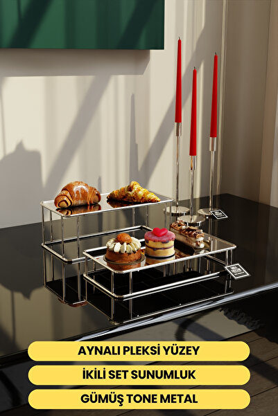 mba decor metal bending art Prisma Model Gümüş Aynalı Sunum Tepsisi – İkili Set | Dekoratif & Şık Sunum 30x15cm