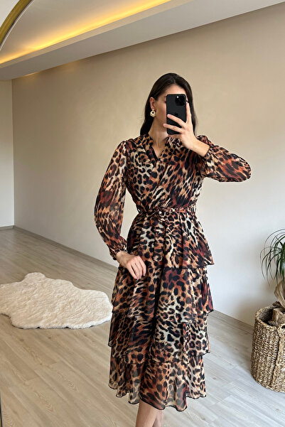 Neşeli Butik Women's Leopard Print Tiered Flounce Chiffon Dress Nm014