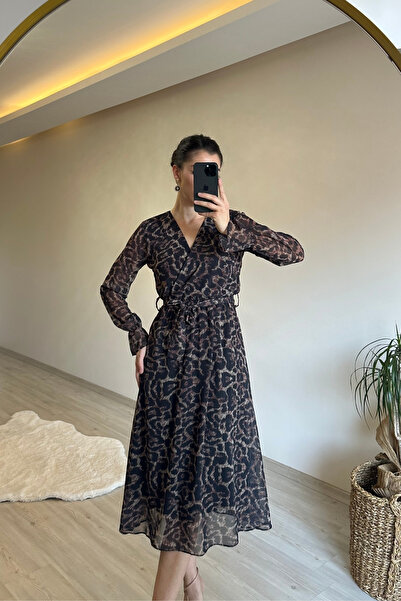 Neşeli Butik γυναικείο φόρεμα με λεοπάρ στάμπα με διπλό γιακά μίντι σιφόν NM020