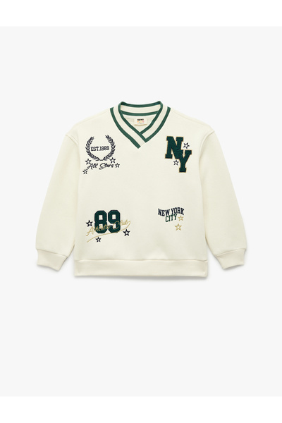 Koton Embroidery Detailed Long Sleeve V-Neck Oversize Sweatshirt