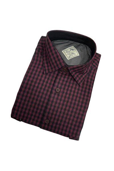 GÖMLEK GALERİSİ Classic Wide Cut Plaid Flannel Double Pocket Long Sleeve Men'...