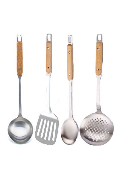 ELEGANT HOME طقم ملاعق طبخ 4 قطع من الفولاذ المقاوم للصدأ بيد خشبي