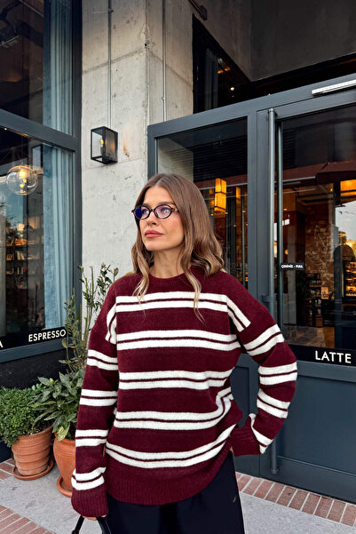Sue Store Μπορντό εκρού ριγέ πουλόβερ από μαλακό μάλλινο πλεκτό oversized