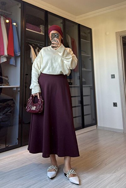 megapol giyim Women's Burgundy Scuba Fabric Bell Skirt