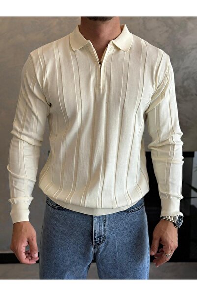 ECARTS Men's Regular Fit Half Zipper Ribbed Knit Sweater Cream Eca047