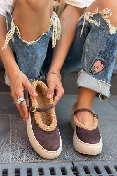 Shoebutik Γυναικεία παπούτσια μπαλαρίνας από γούνα καφέ καφέ