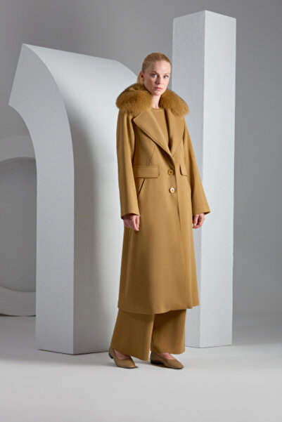 MISS DALIDA T23K-8007 Kürk Yaka Uzun Triko Manto DACIA-OLİVE