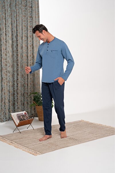 Lohusa Homewear Ανδρικό σετ πιτζάμες Indigo Single Jersey με τσέπες, κλασικό ...