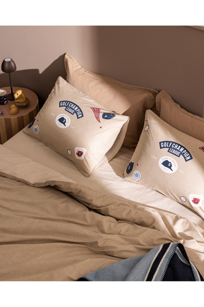 Madame Coco Ruben Double Size 100% Cotton Ranforce Printed Duvet Cover Set - Beige