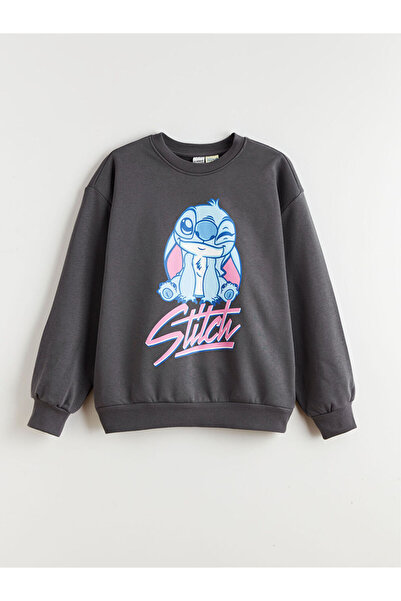 LC Waikiki Gray Crew Neck Stitch Printed Girls' Sweatshirt