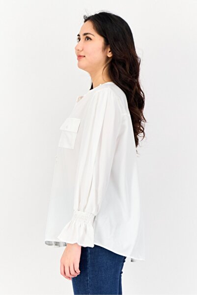 Notations Women Band Collar Plain Long Sleeves Shirts, White