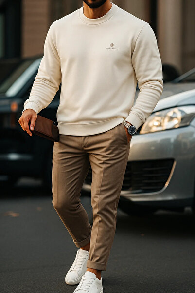 SILVANO Men's Comfort Fit Casual Embroidered Cream Sweatshirt