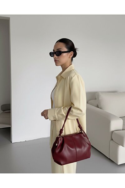 Melos Butik Γυναικεία δερμάτινη τσάντα χεριού και ώμου μπορντό λεπτομέρεια με...