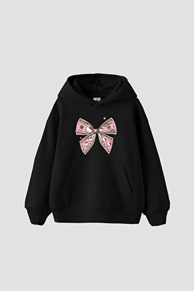 Bak Moda Μαύρο φούτερ με κουκούλα H. Kitty με στάμπα με φιόγκο, oversize, unisex