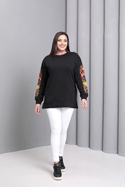 aytemas Embroidered Sleeves Slit Sweatshirt