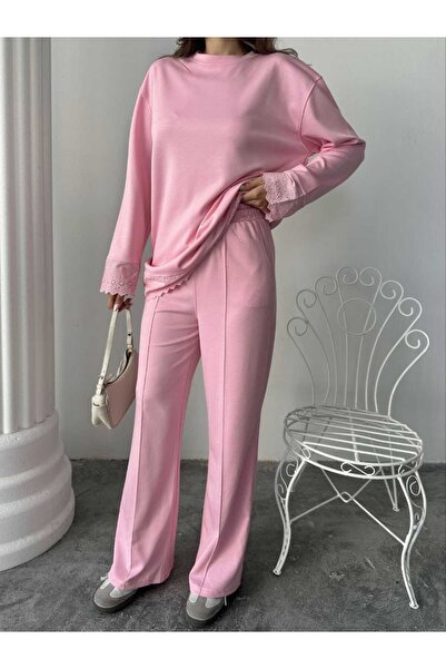 b buhari bykoc Lace Detailed Oversize Wide Leg Modal Fabric Tracksuit Set