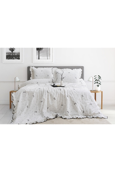 MOON SECRET Double Duvet Cover Set 100% Cotton Heart and Bow Patterned Ruffle Detailed Duvet Cover Set