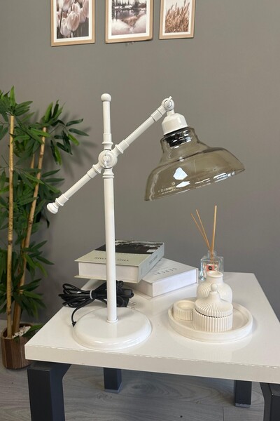 Bamyum Vishi Cam Bal Rengi Beyaz Gövde Masa Lambası Dekoratif Masaüstü Aydınl...