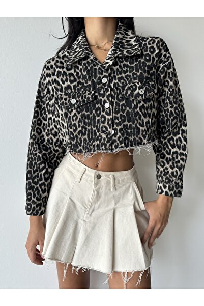 MUG collection Γυναικείο τζιν κοντό μπουφάν Leopard