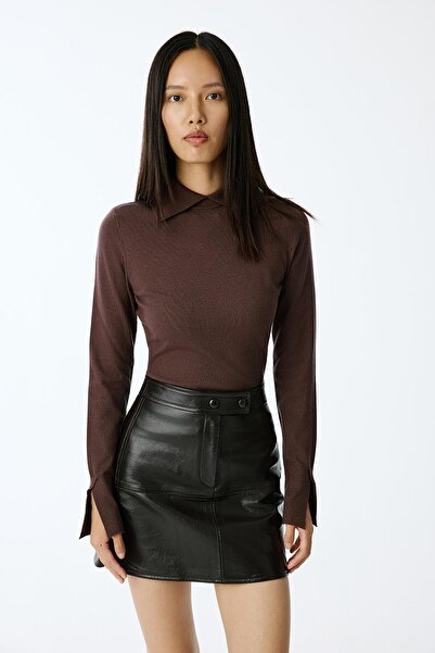 rue Genuine Leather Zippered Mini Brown Skirt