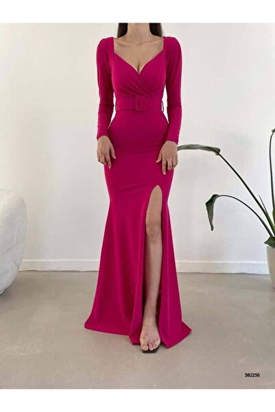 Modafeminen فستان طويل بياقة مزدوجة وتفاصيل مشقوقة من قماش الكريب المستورد مع...