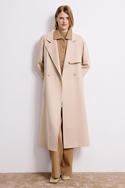 rue Double-Breasted Detailed Long Sleeve Beige Coat