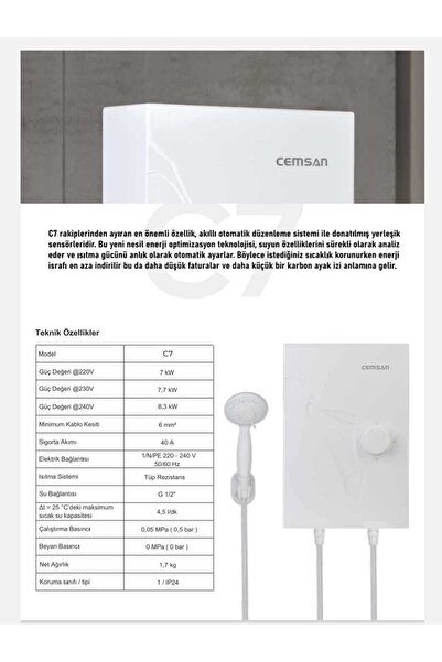 Cemsan c7 elektrikli şofben + 6mt kablo dahil takım montaja hazır set