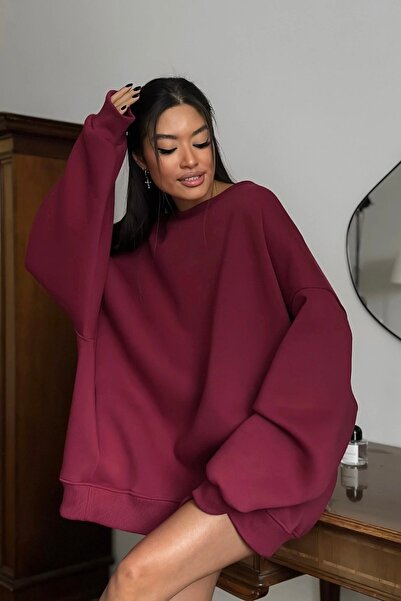 The Champ Clothing Women's Oversize Sweatshirt Dress Basic Burgundy – Crew Neck, 3 Thread Raised Fleece
