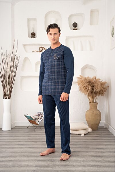 Lohusa Homewear طقم بيجامة موسمية للرجال بأكمام طويلة وأزرار وجيوب بنقشة مربع...