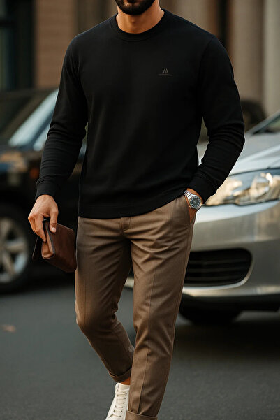 SILVANO سويت شيرت رجالي مريح بتصميم كاجوال مطرز باللون الأسود